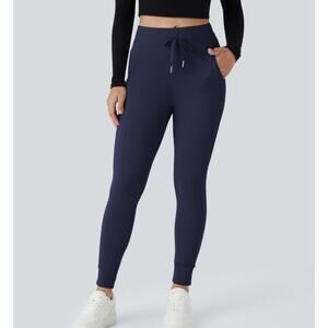 Sz Lg HALARA Navy SoftlyZero™ Plush Hi-Waist Drawstring Zipper Pocket Joggers